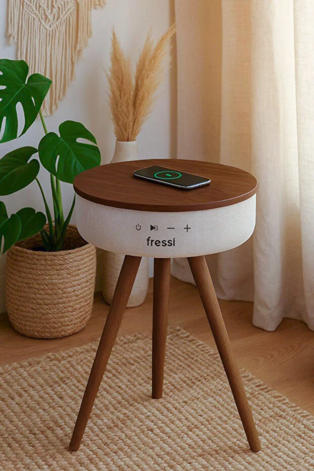 Bluetooth Hoparlör Hızlı Şarj Destekli Ahşap Ayaklı Kablolu Sehpa Speaker